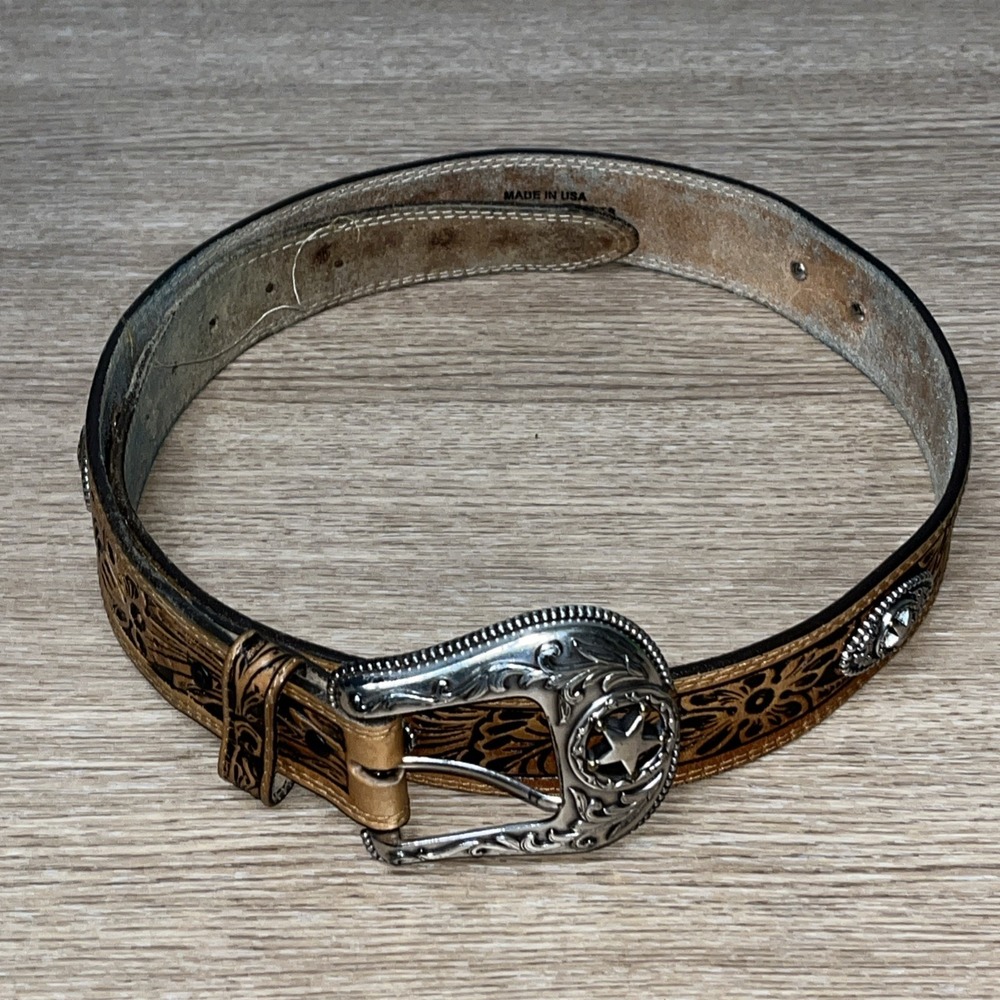 Justin Belt Flag Eagle Buckle Brown Men Leather Tooled Size 38 Western Stars